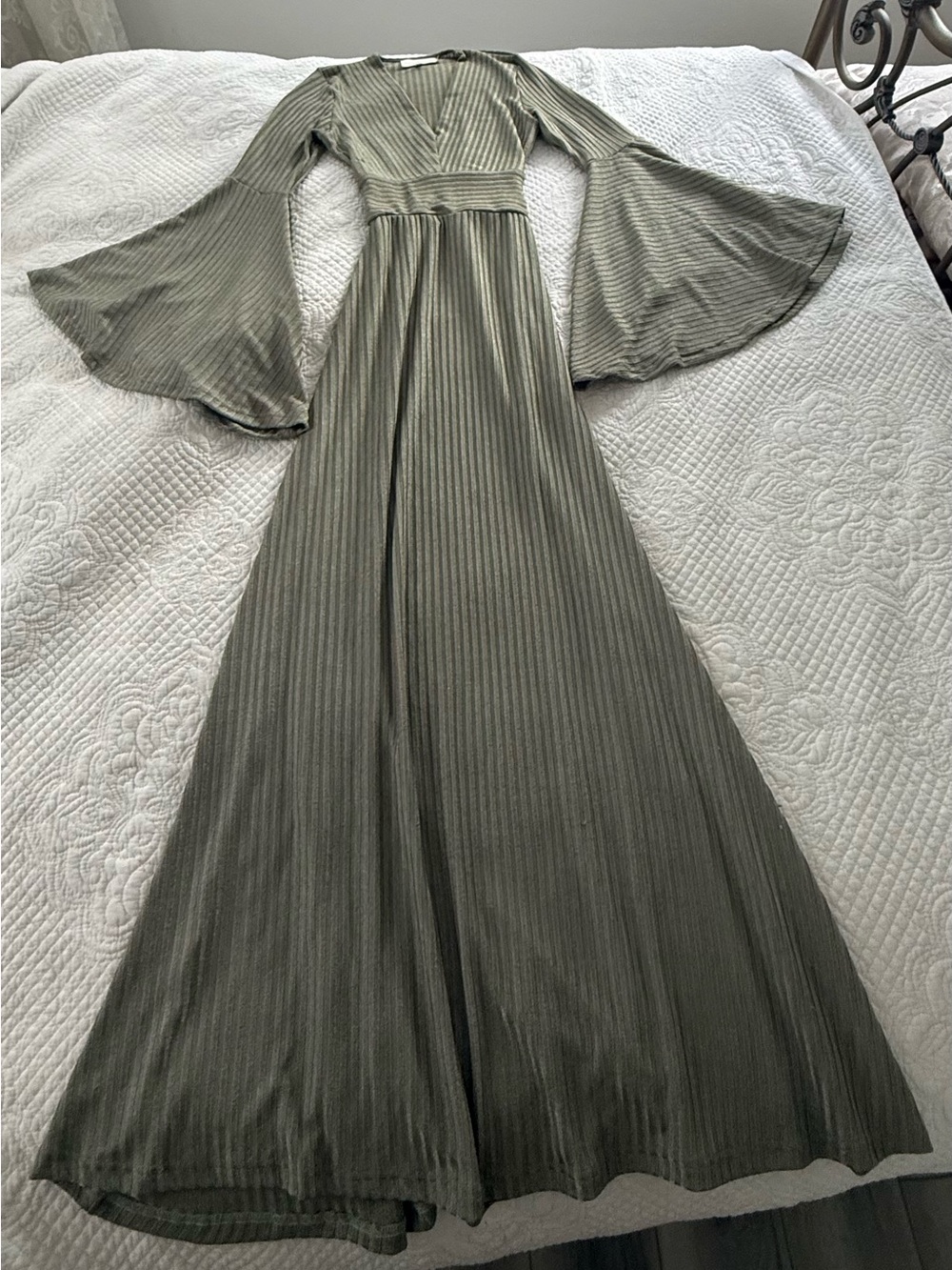 Olive Green Maxi Dress with Flared Bell Sleeves